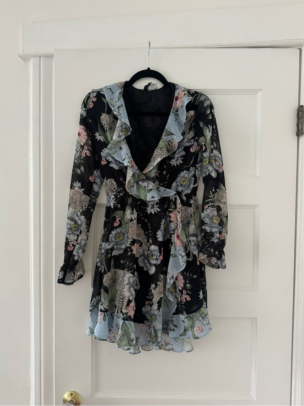 Floral Black & Light Blue Ruffle Wrap Dress